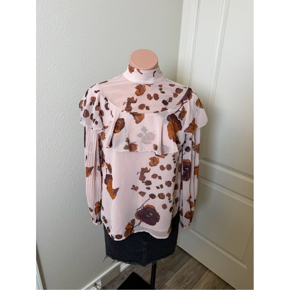 Chelsea28 Floral Long Sleeve Mock Neck Sheer Blouse in a light pink color Sz S